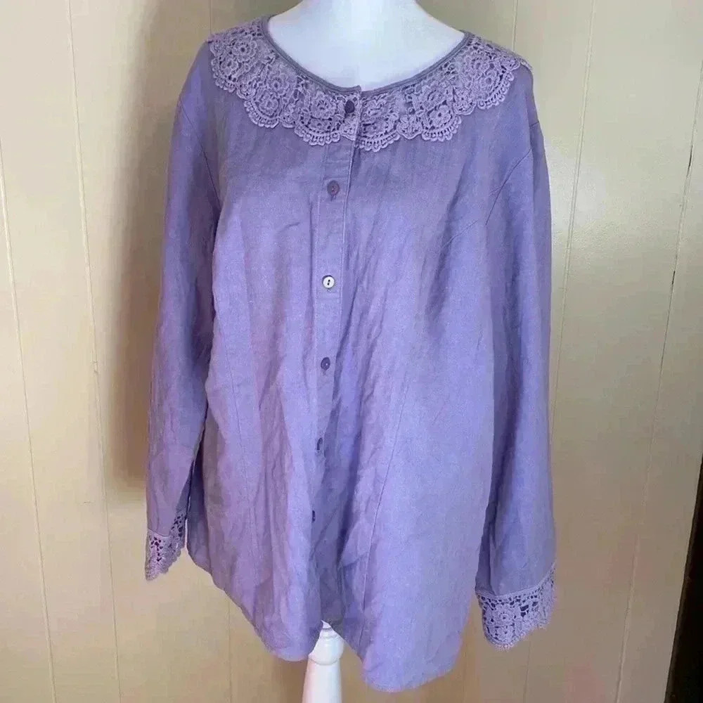 Denim & Co Purple Lavender Linen Blend Crochet Embellished Plus Size Top Size 1X